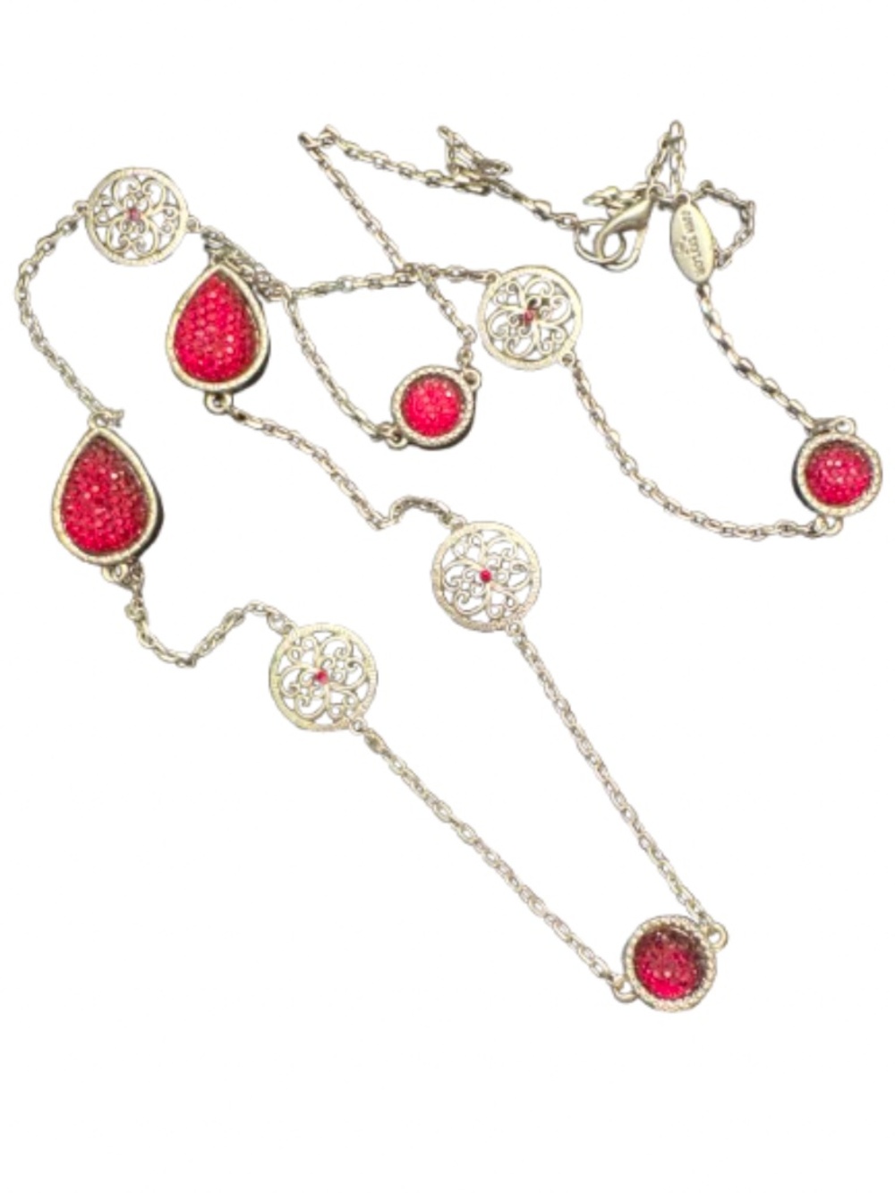 Ann Taylor Red Ruby Pavé Crystal & Silver Filigree Teardrop Long Necklace